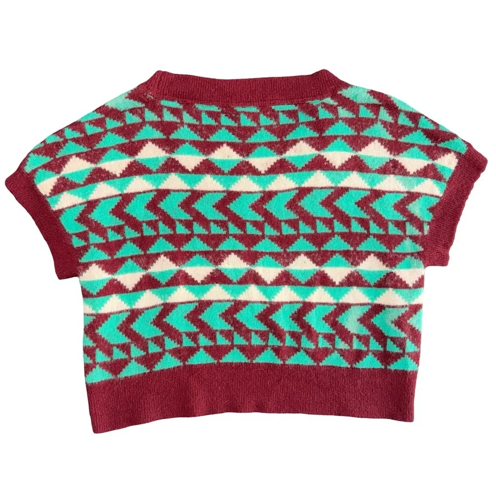 Free people Geometric‎ Patterned V-Neck Sweater - Green and Burgundy M